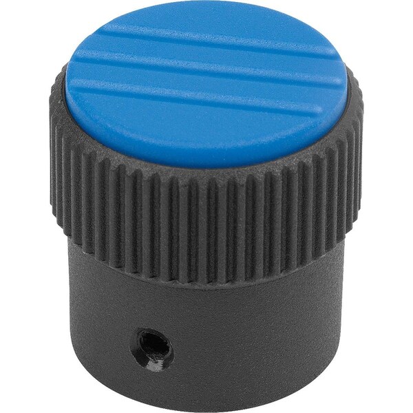 Knurled Knob Size:3, D1=34, H=36, D=8, Form:A, Thermoplastic Black Ral7021, Cap:Blue Ral5017